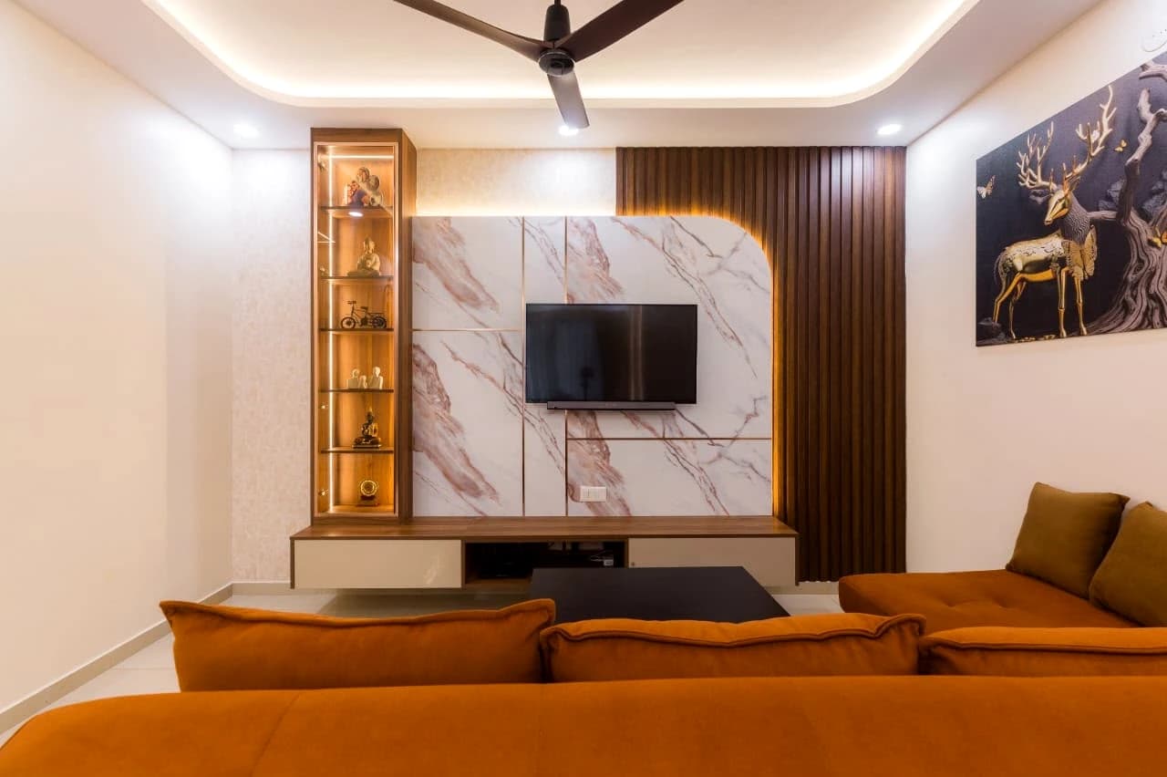 Panoramic sunlit living room with curved sectional sofa