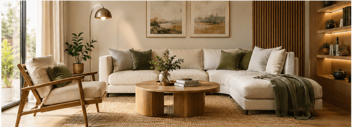 Modern living room featuring natural wood, linen furnishings, a jute rug and indoor plants