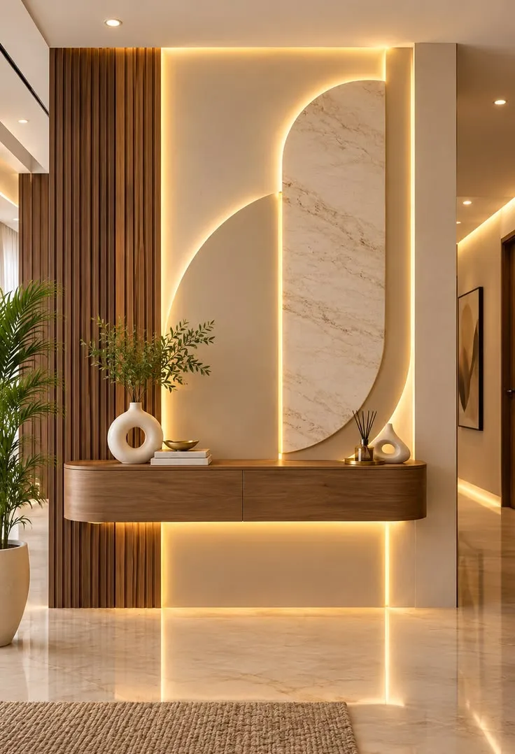 Grand Entrance Foyer with Fluted Slats & Backlit Mirror