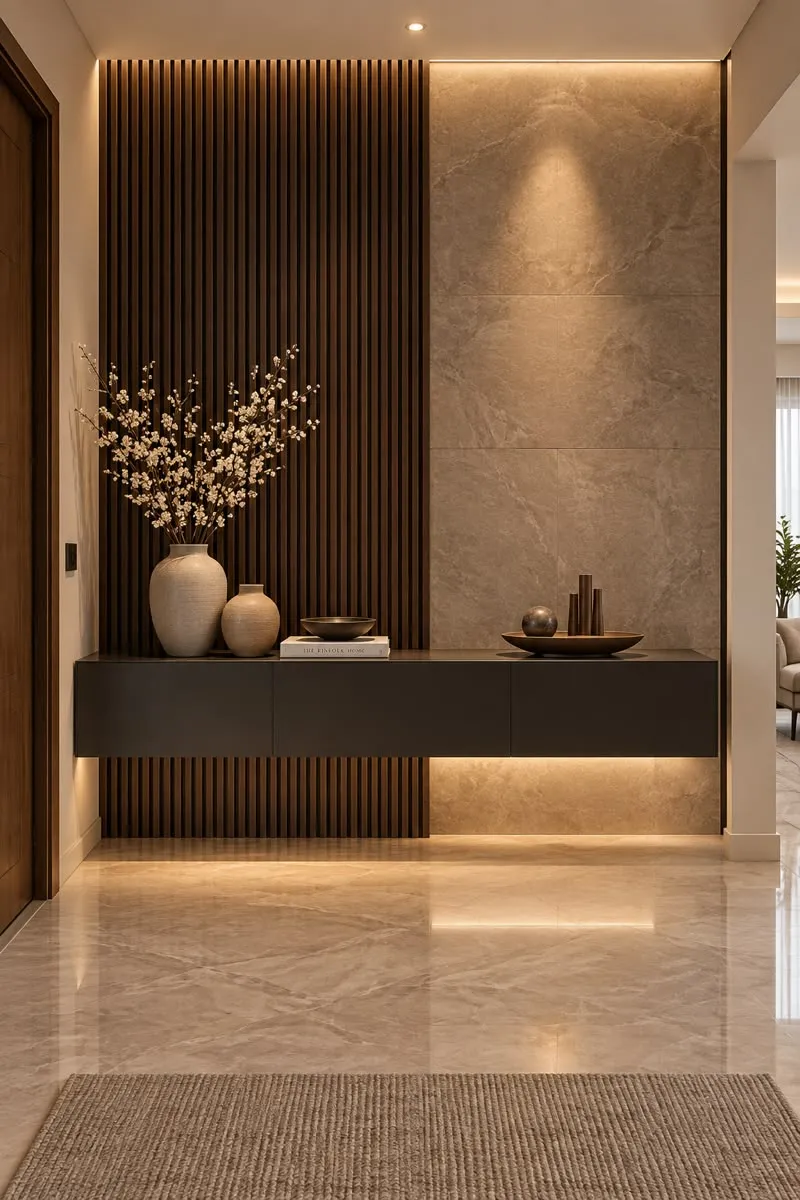 Modern Architectural Foyer with Marble & Vertical Louvers