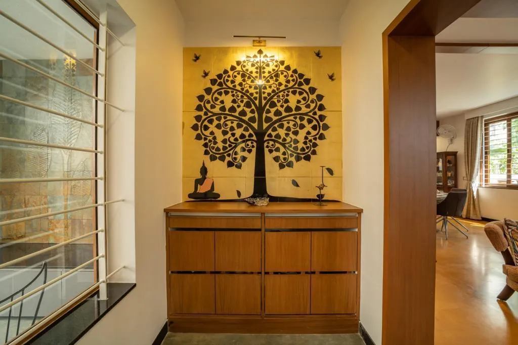 Panoramic Estate Foyer with Statement Lighting & Seating