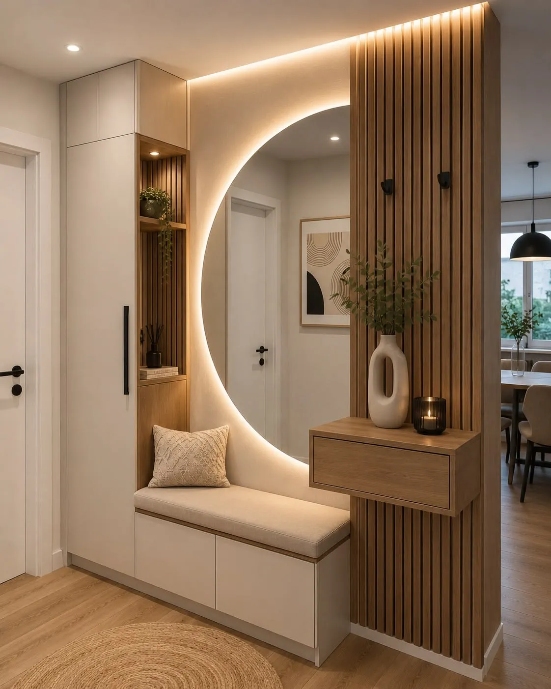 Sophisticated Transitional Foyer with Geometric Partitions