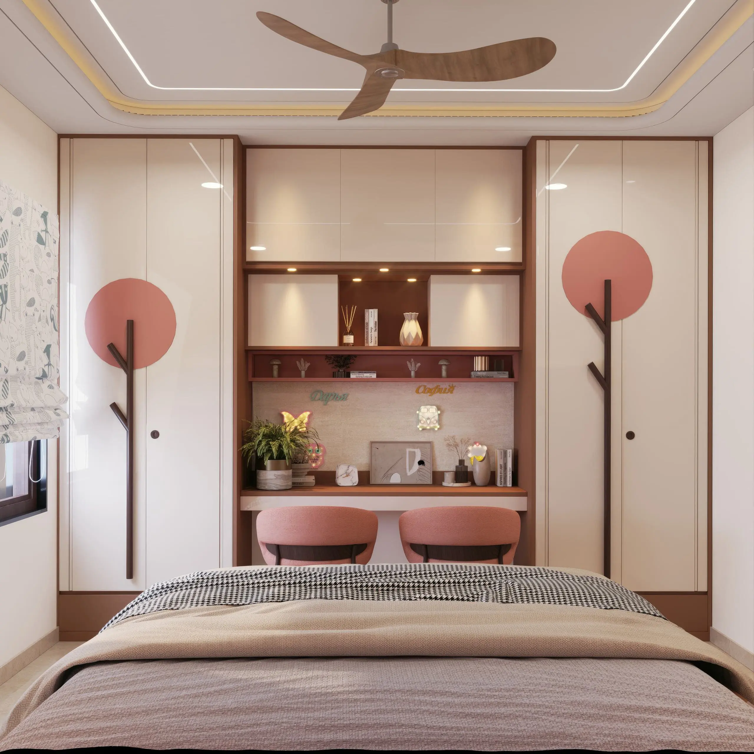 Modern Dual-Study Kids Bedroom with Tree-Handle Wardrobes
