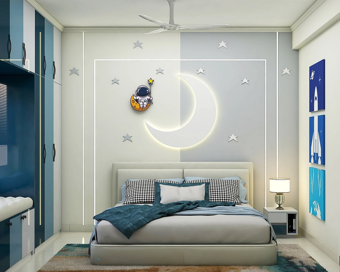 Celestial Moon & Space Themed Kids Bedroom with Backlit Wall