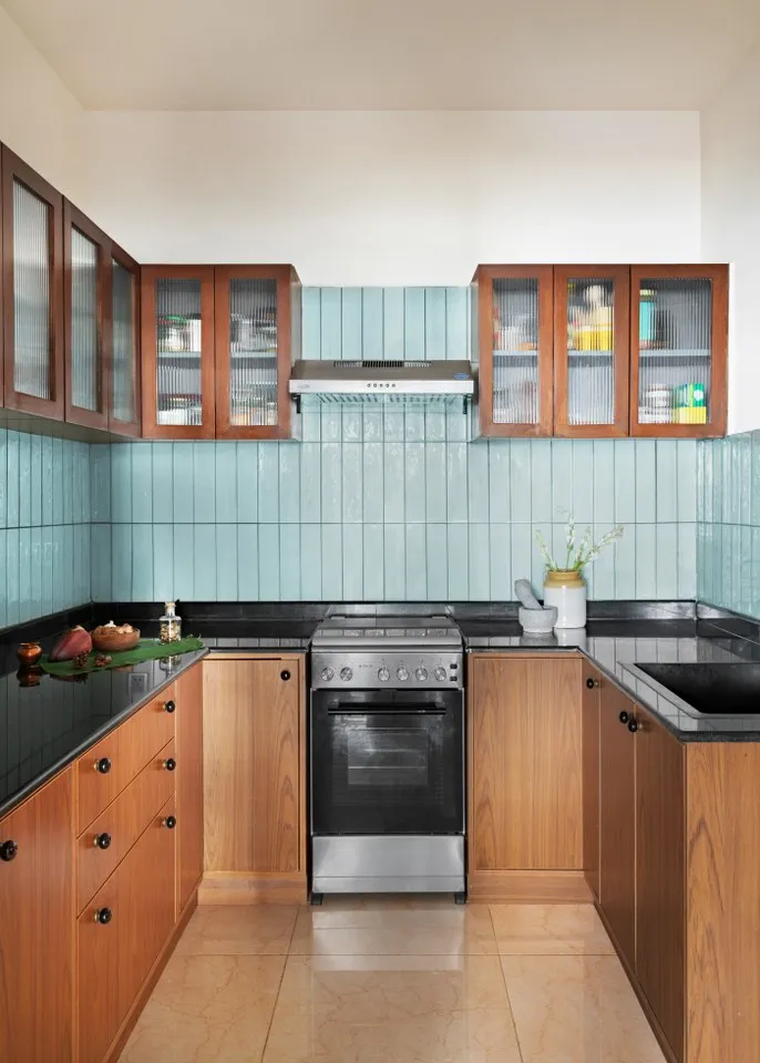 Island Modular Kitchen with Rose Gold Shutter Accents
