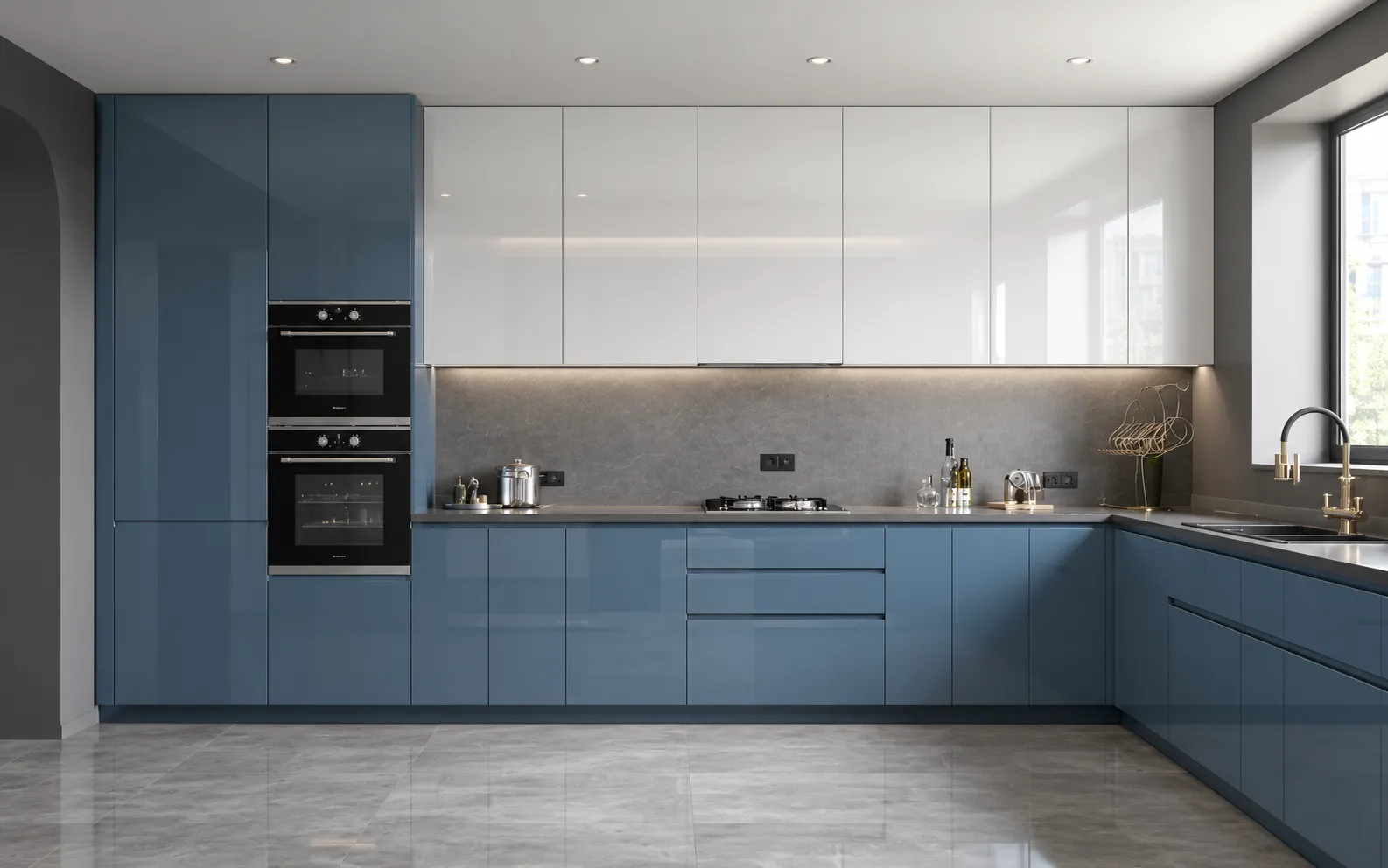 U-Shaped Ergonomic Kitchen with Fluted Glass Shutters