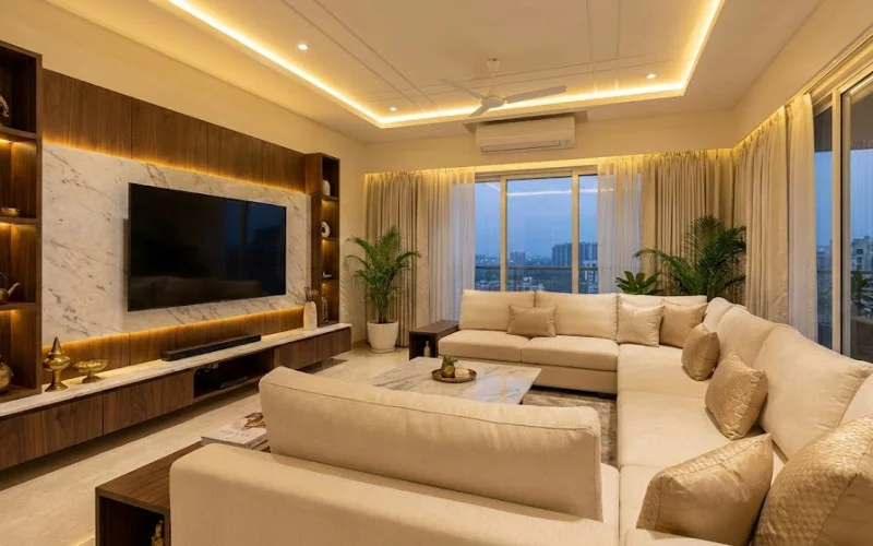 Contemporary Living Room with Cream Sectional & Marble TV Unit
