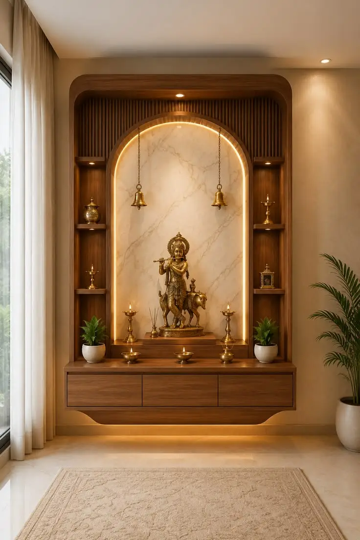 Sacred Teak Mandir with Intricate Brass Bell Accents