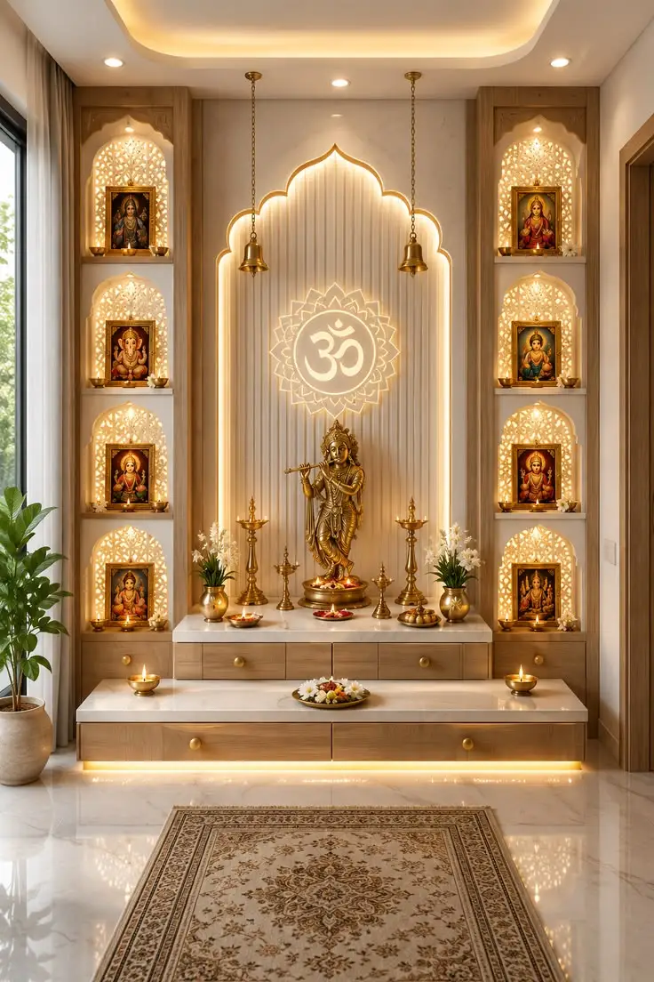 Om Backlit Sacred Mandir with CNC Jaali Work