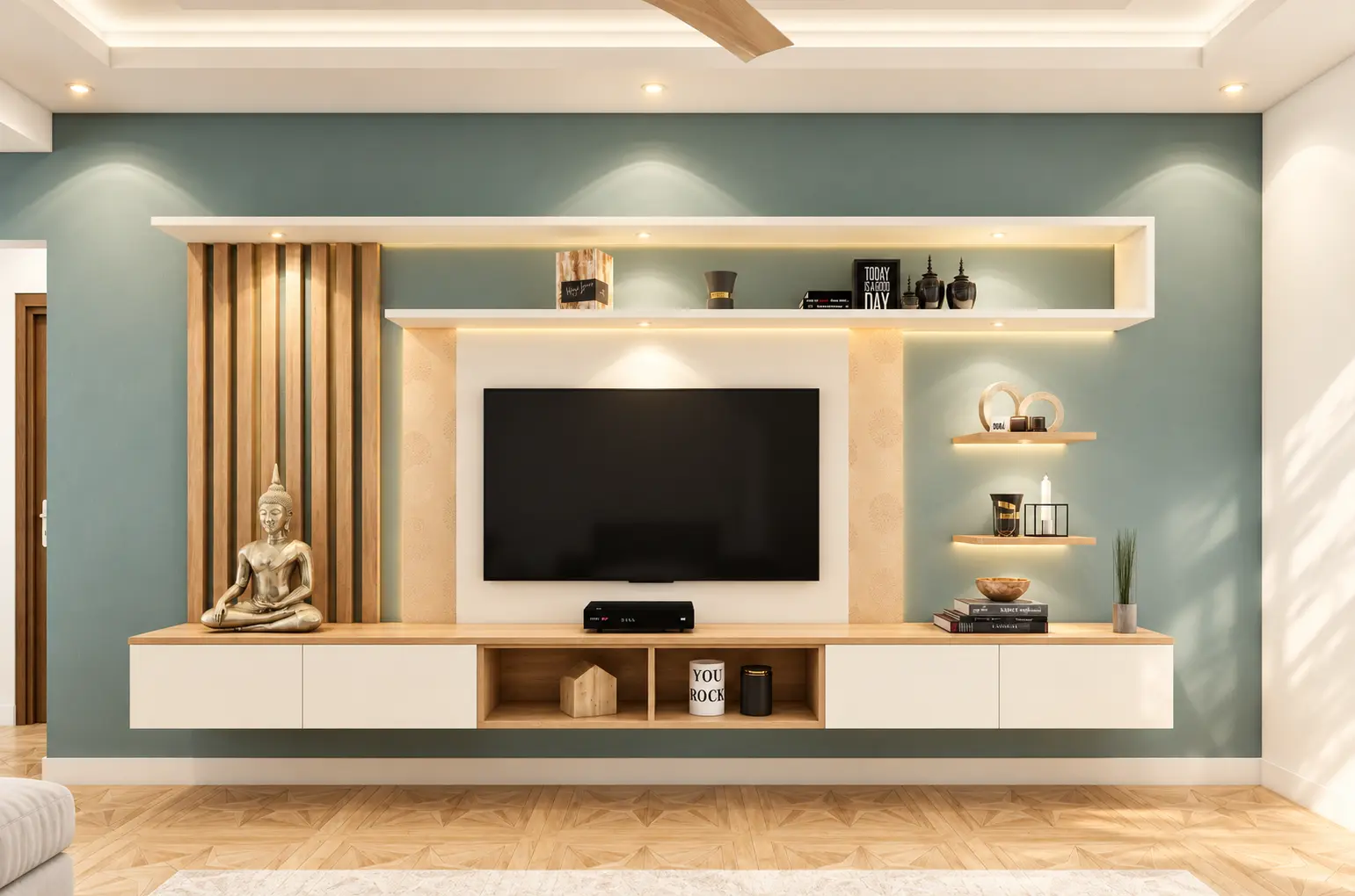 Contemporary Floating TV Unit with Slatted Accent & Display Shelves