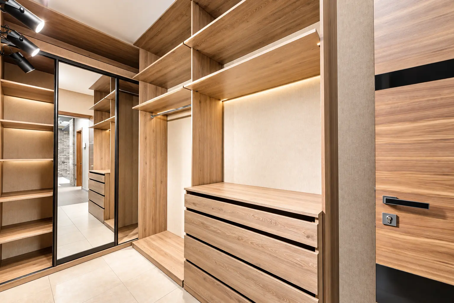 Walk-In Wooden Wardrobe with Mirrored Sliding Door & Built-in LED Lighting
